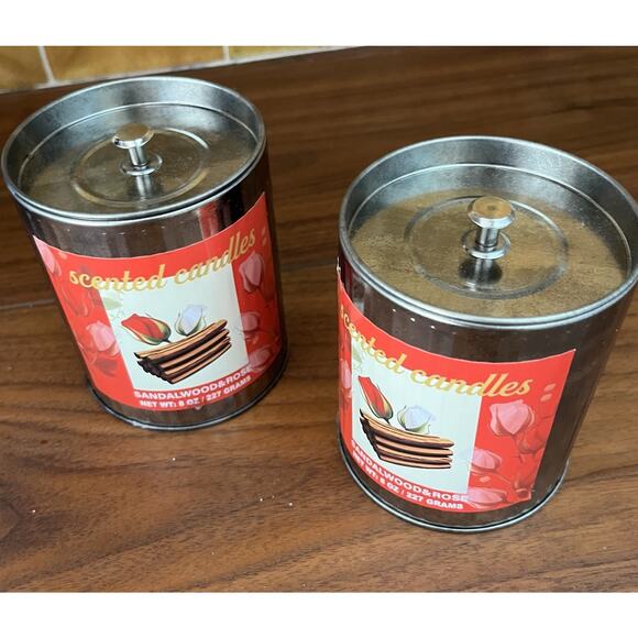 Sandalwood & Rose Soy Wax Candles Rustic Tin Metal Container Set of 2 - Picture 2 of 9